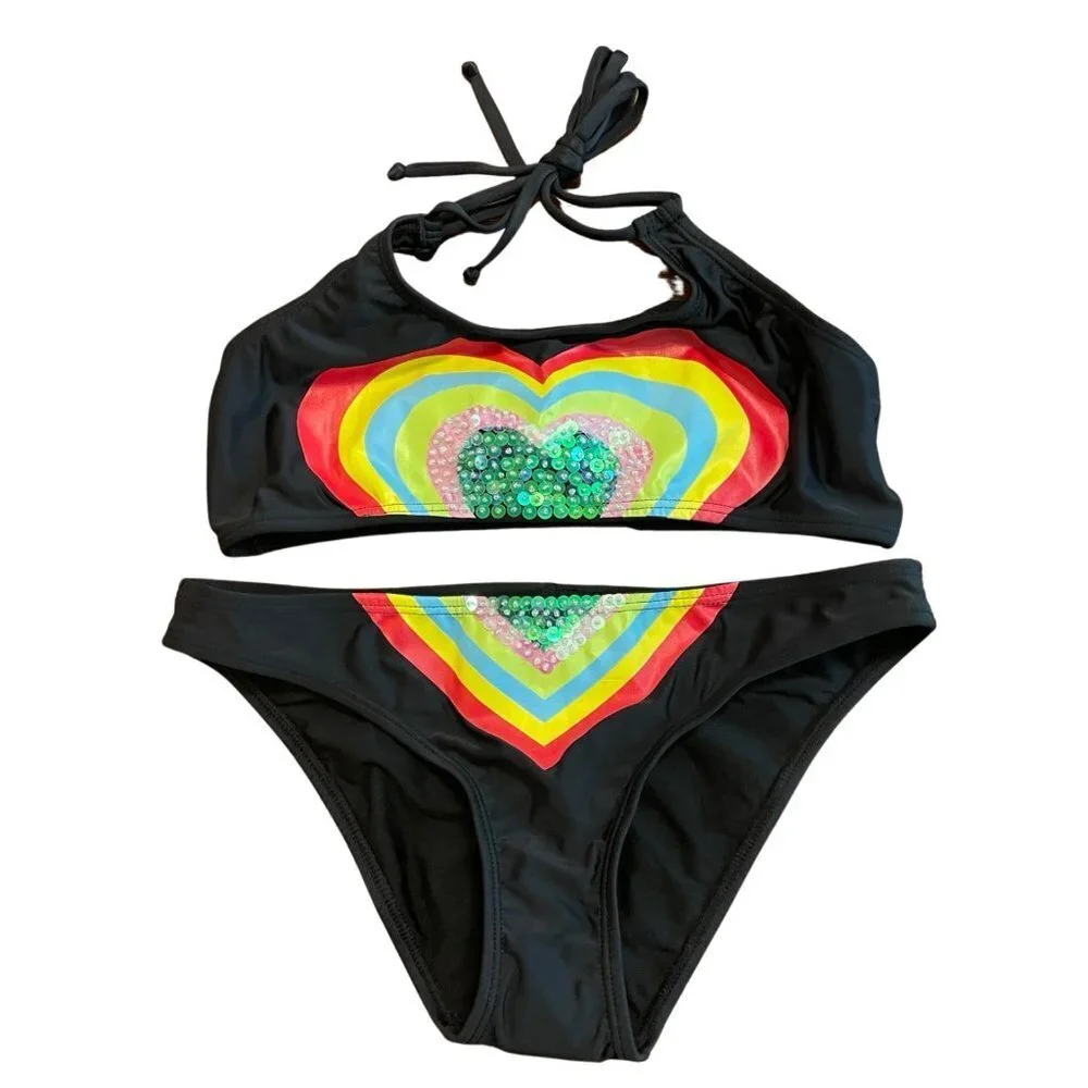 NWOT - FLAWED - PilyQ Girls Rainbow Heart Sequined Halter Bikini Sz. 16
